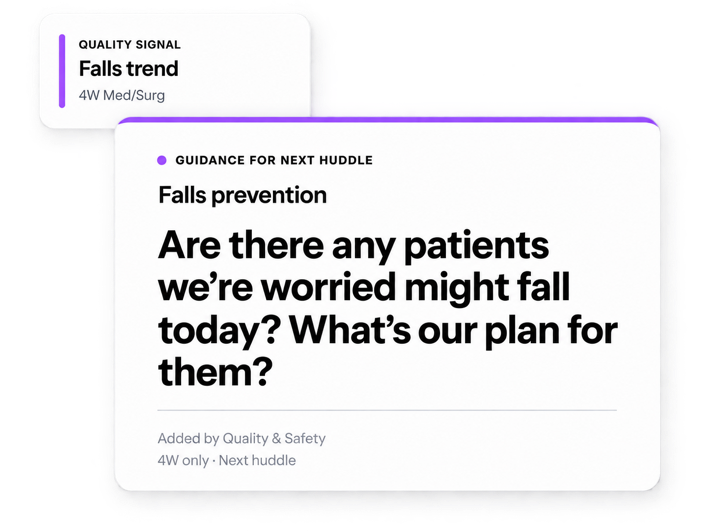 Quality signal and guidance-for-next-huddle cards showing a falls prevention prompt